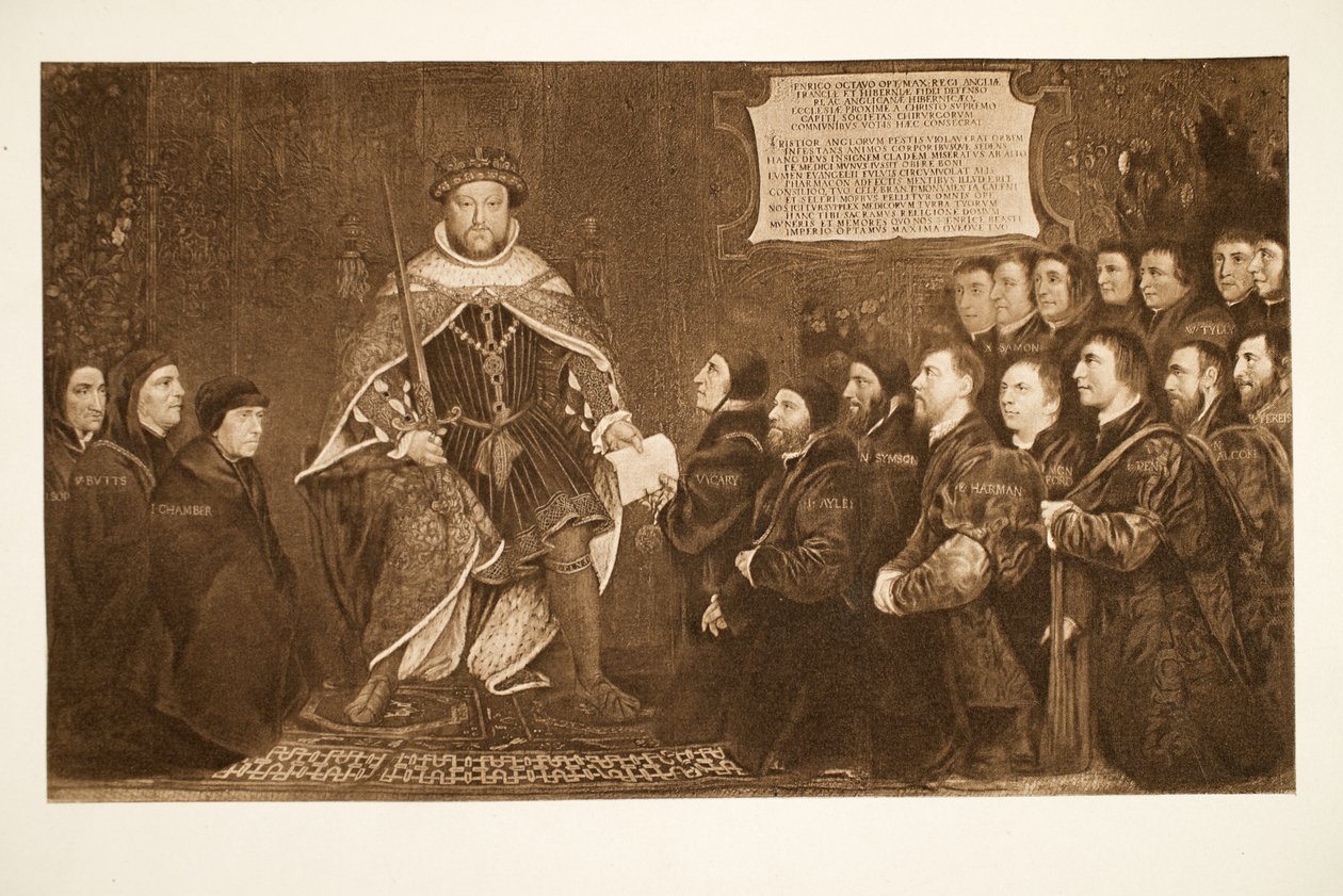 Henrik VIII myöntämässä peruskirjan Barber-Surgeonsille, n. 1543, pub. 1902 (kollotyyppi) tekijältä Hans Holbein der Jüngere