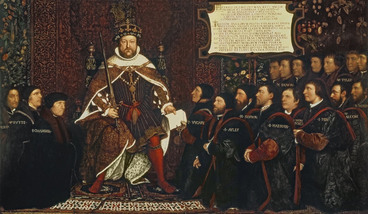 Henrik VIII luovuttaa peruskirjan Thomas Vicarylle, muistoksi parturi- ja kirurgikiltaliiton liittymistä, 1541 tekijältä Hans Holbein der Jüngere