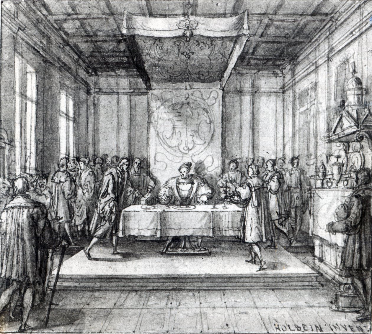 Henrik VIII salakammiossa (kynä, muste ja pesu paperille) tekijältä Hans Holbein der Jüngere