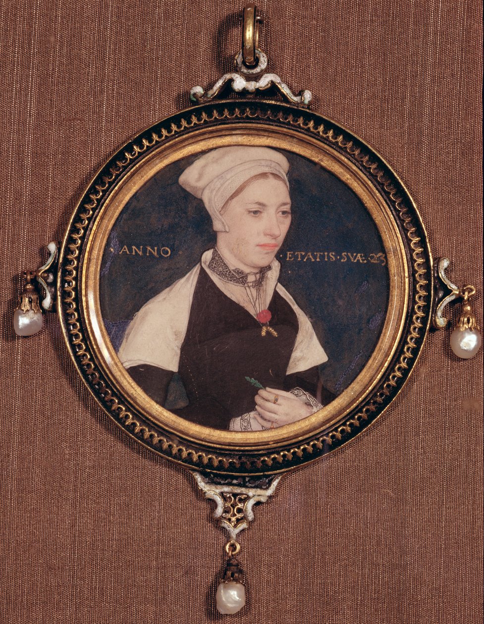 Pienoismuotokuva Jane Smallista, joka tunnettiin aiemmin nimellä Mrs. Robert Pemberton, n. 1540 (wc pelikorttiin kiinnitetyssä velumissa) tekijältä Hans Holbein der Jüngere
