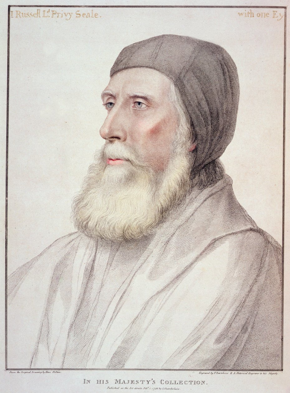 Francesco Bartolozzin (1727-1815) kaivertama John Russellin, 1. Earl of Bedfordin (1485-1555) muotokuva tekijältä Hans Holbein der Jüngere