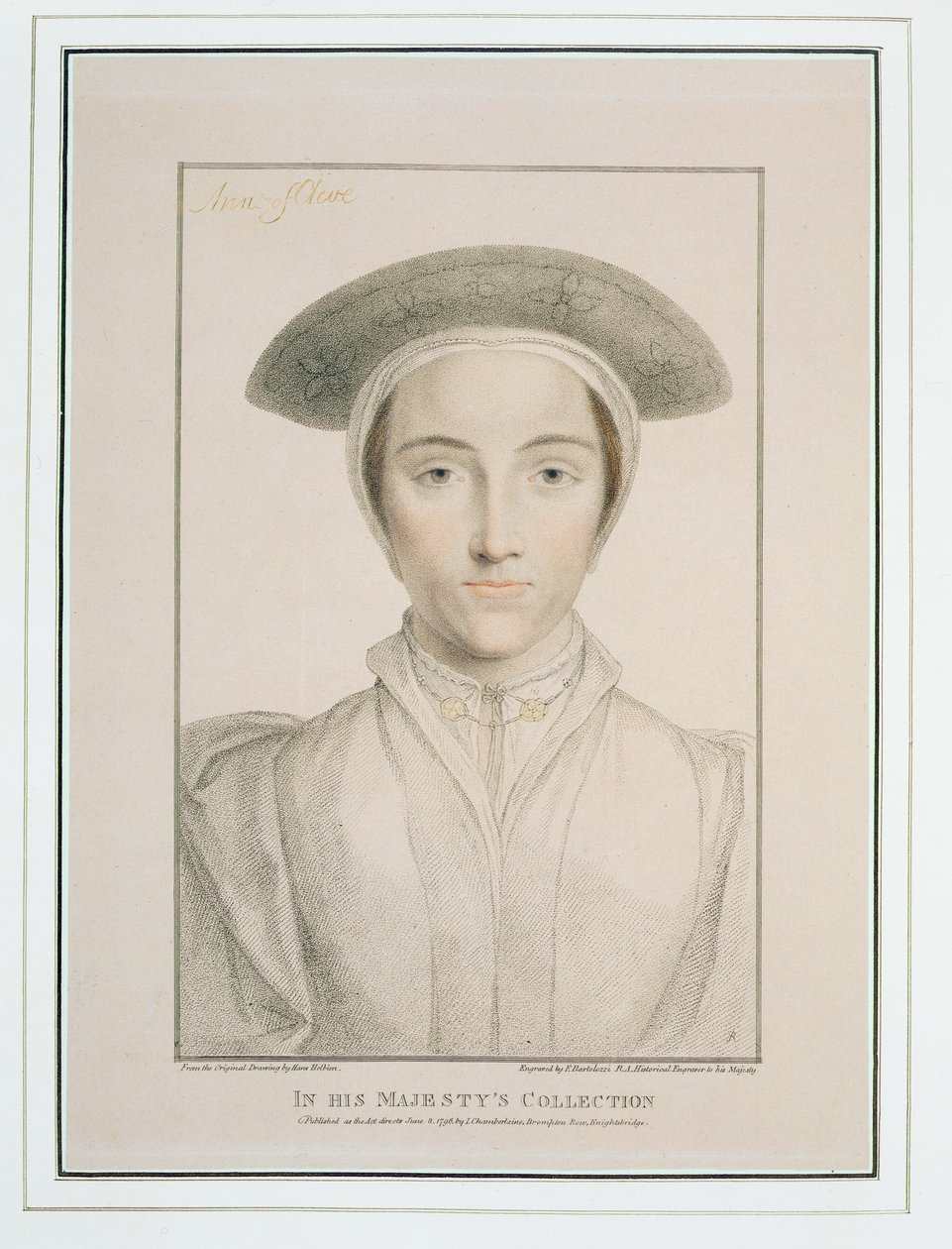 Francesco Bartolozzin (1727-1815) kaivertama muotokuva Clevesin kuningatar Annesta (1515-57), julkaistu 1796 tekijältä Hans Holbein der Jüngere