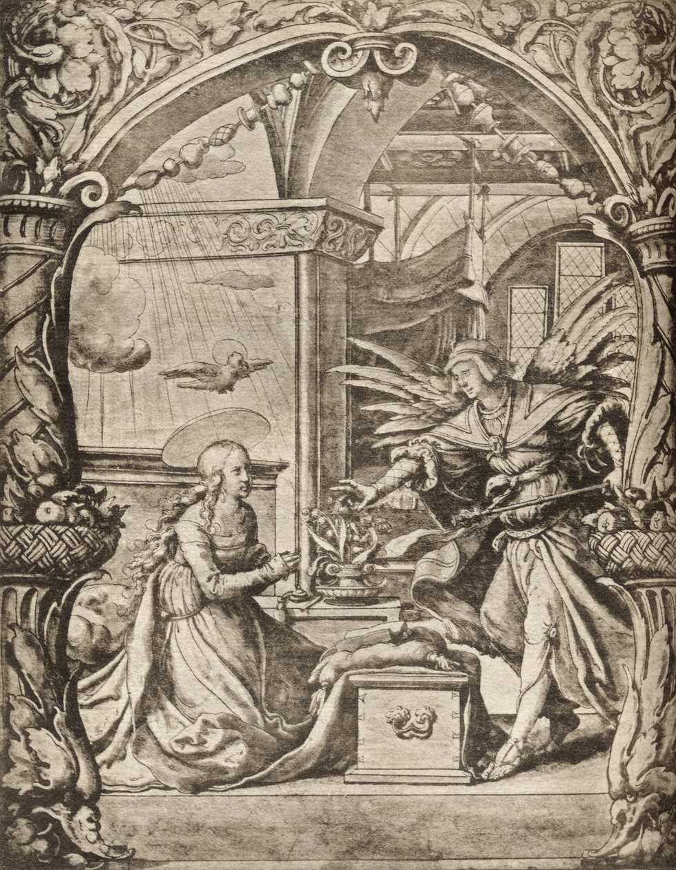 The Annunciation, Richard Fisherin teoksesta "Kaiverrus-, etsaus- ja puupiirroskokoelman luettelo", julkaistu 1879 (litho) tekijältä Hans Holbein der Jüngere