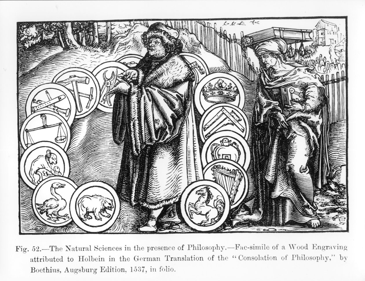 Luonnontieteet filosofian läsnäollessa, Boethiuksen "Filosofian lohdutuksen" saksankielisestä painoksesta vuodelta 1537, kuvitus julkaisusta "Tiede ja kirjallisuus keskiajalla ja Renais" tekijältä Hans Holbein der Jüngere