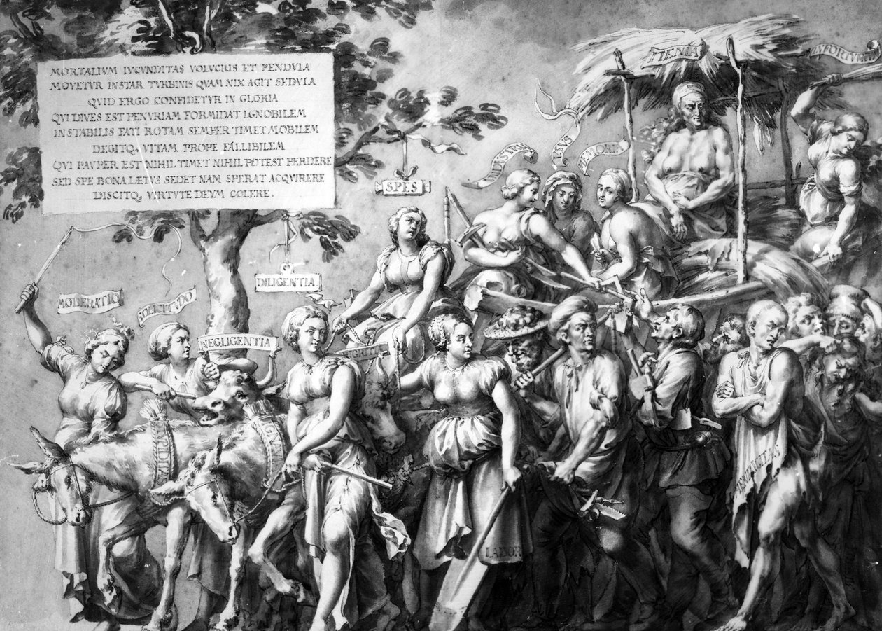 Köyhyyden voitto, Jan de Bisschopin piirros, noin 1650 (kynä, muste ja pesu paperille). tekijältä Hans Holbein der Jüngere