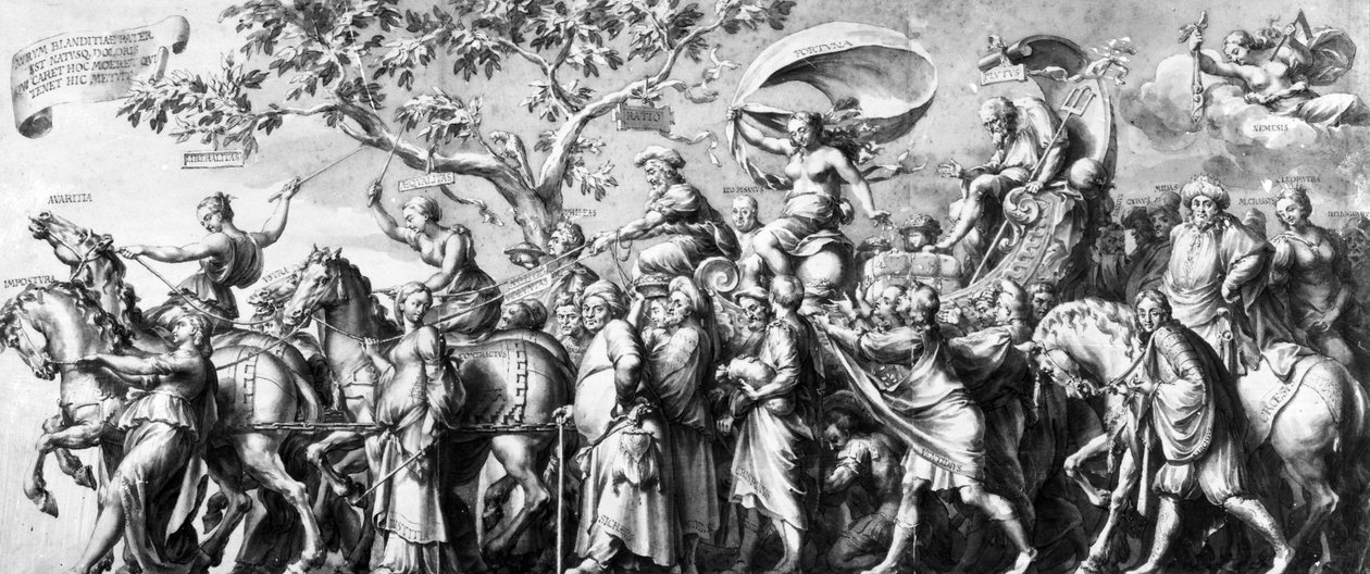 Rikkauksien voitto, piirtänyt Jan de Bisschop, n. 1650 (kynä, muste ja pesu paperille) tekijältä Hans Holbein der Jüngere