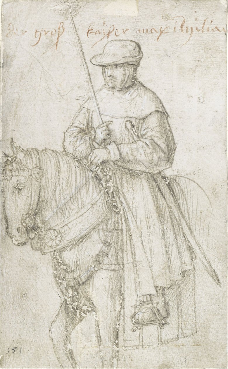 Keisari Maximilian I matkapuvussa hevosen selässä tekijältä Hans Holbein the Elder