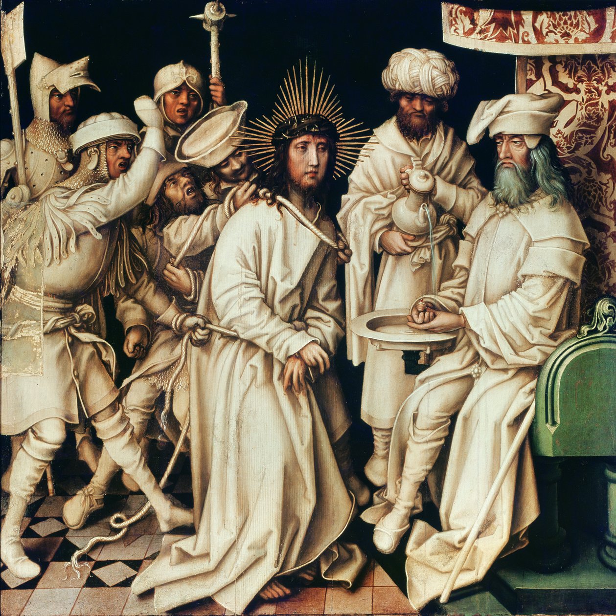 Pilatus pesee kätensä, vasemmanpuoleinen paneeli triptyykistä, 1496. tekijältä Hans Holbein the Elder