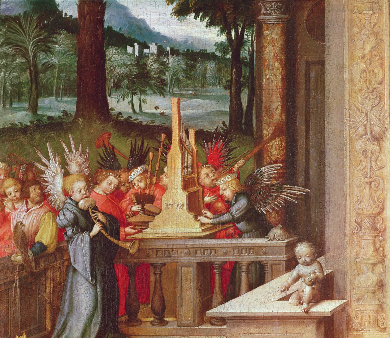 Neitsyt, lapsi ja pyhät yksityiskohta enkeleistä soittamassa urkuja, 1519 öljy tammella tekijältä Hans Holbein the Elder