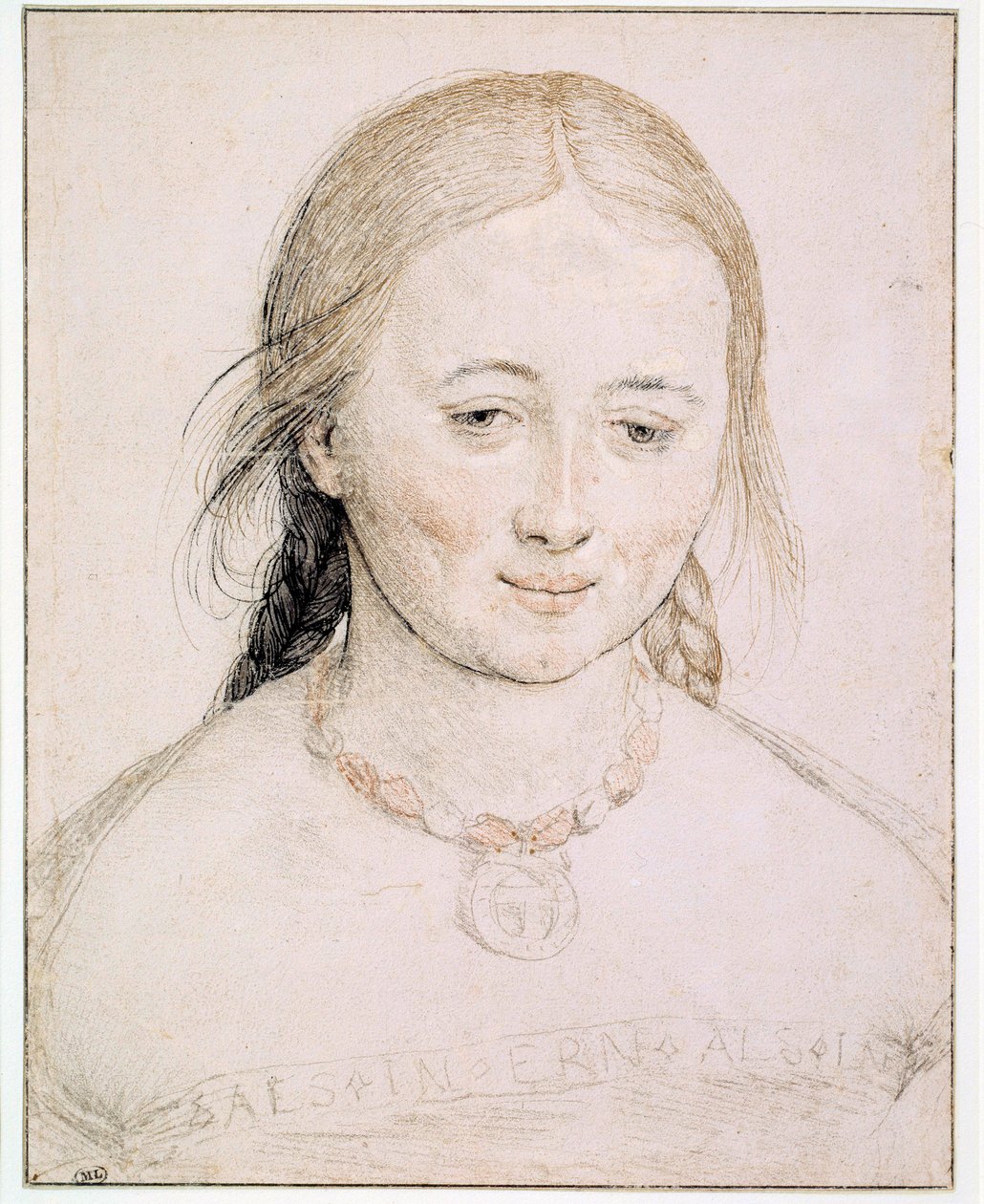 Nuoren naisen pää Piirustus metallin, kynän ja veren kärjessä Hans Holbein vanha (1460-1524) 1500-luvun aurinko. 0,19x0,15 m Pariisi, Musee du Louvre tekijältä Hans Holbein the Elder