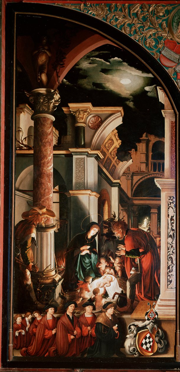 Alttaritaulu Oberried: "Paimenten palvonta"" Detrempe puulla, Hans Holbein Nuori (1497/8-1543) 1521-1522 su. 231x109 cm Cathedrale de Fribourg, Sveitsi tekijältä Hans Holbein der Jüngere