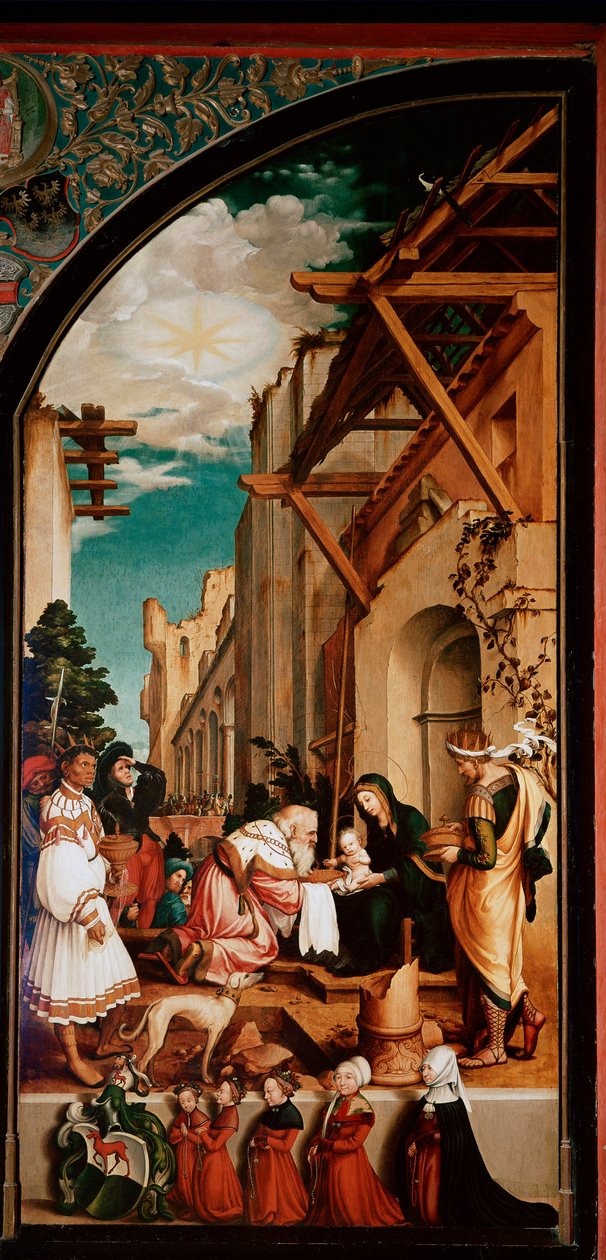 Alttaritaulu Oberried: "Magien ihailu"" Detrempe puulla, Hans Holbein Nuori (1497/8-1543) 1521-1522 su. 231x109 cm Cathedrale de Fribourg, Sveitsi tekijältä Hans Holbein der Jüngere