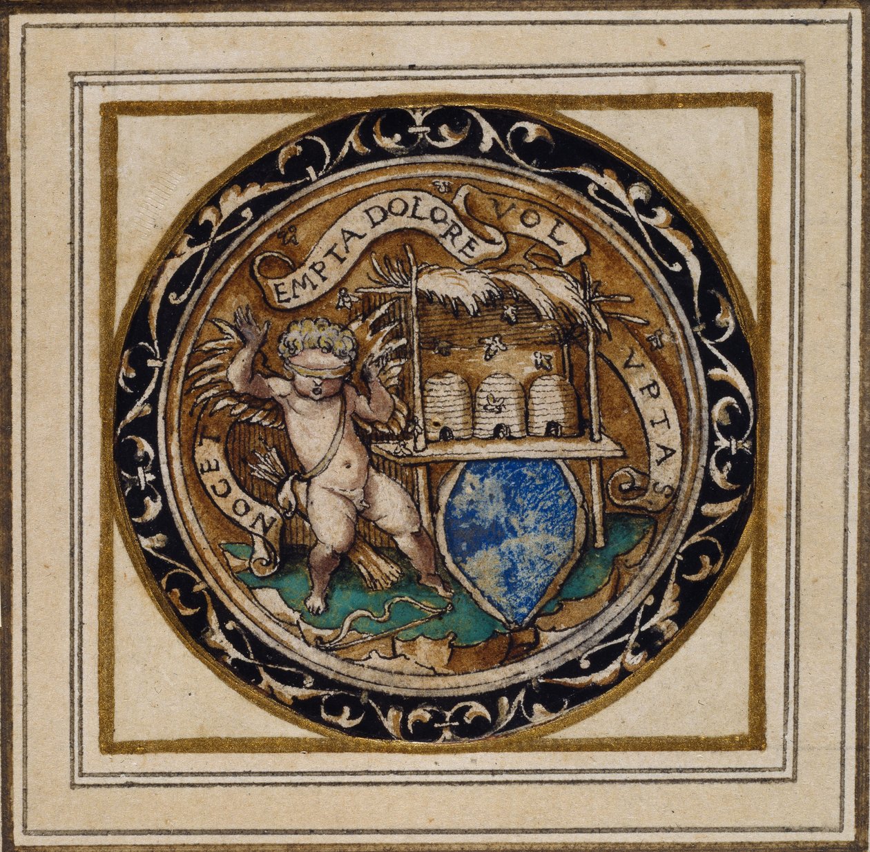Mehiläisten pistämä Amor - Suunnitelma riipukseen tai hattumerkkiin, noin 1532-43 (tussi ja tussi paperille). tekijältä Hans Holbein der Jüngere