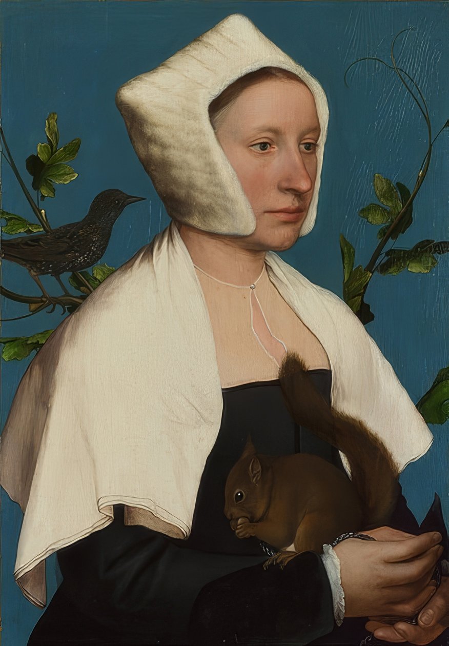 Nainen ja orava ja kottarainen (Anne Lovell?). Noin 1526-28 tekijältä Hans Holbein der Jüngere