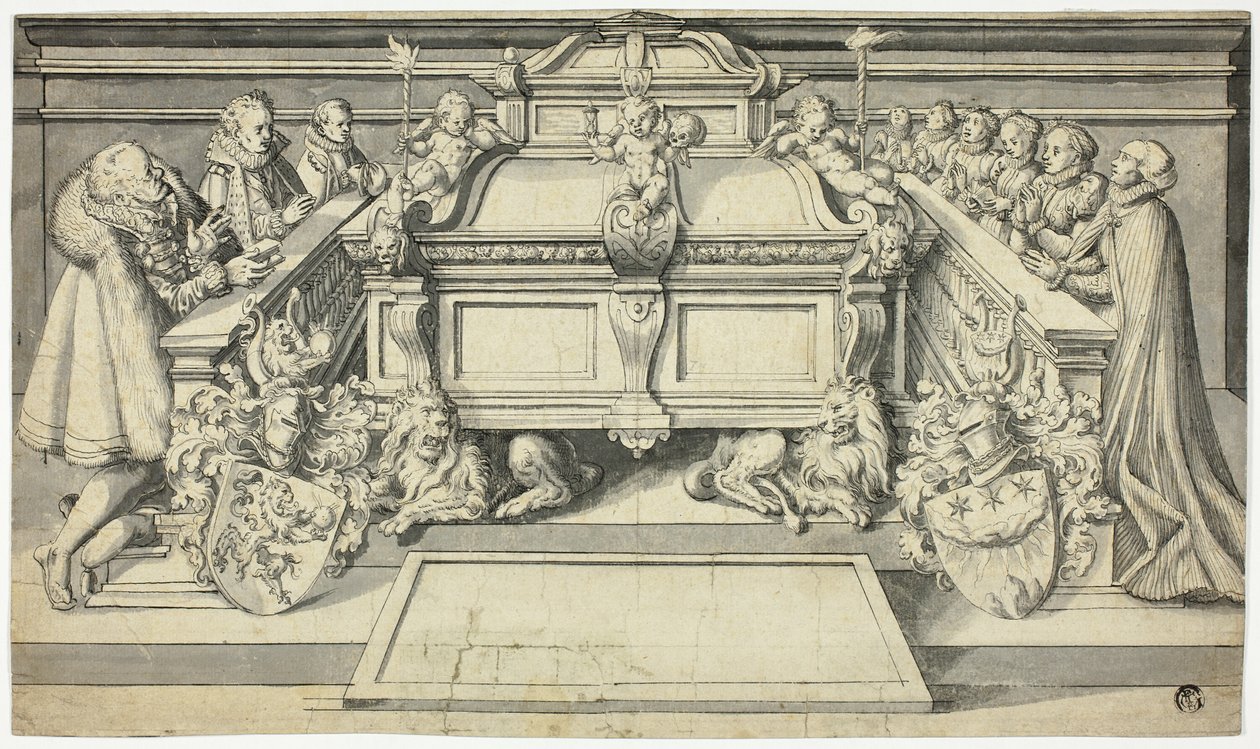 Epitafin suunnittelu: Perheenjäsenet polvillaan haudan edessä tekijältä Hans Holbein the Younger
