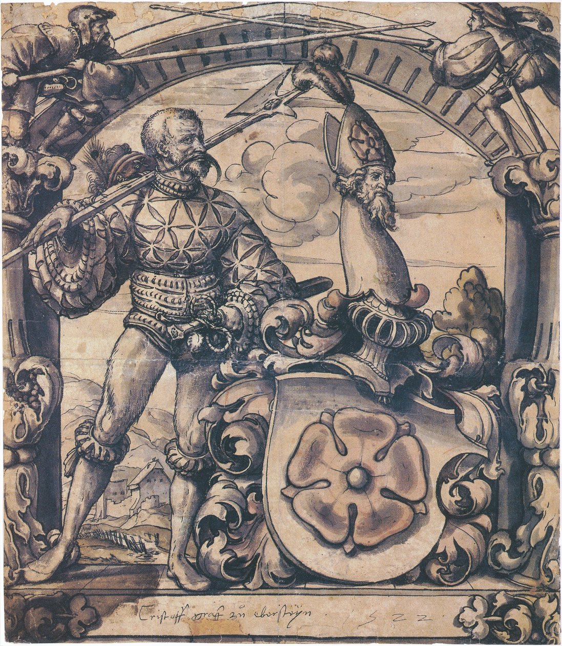 Suunnitelma lasimaalausten heraldista paneelia varten tekijältä Hans Holbein the Younger