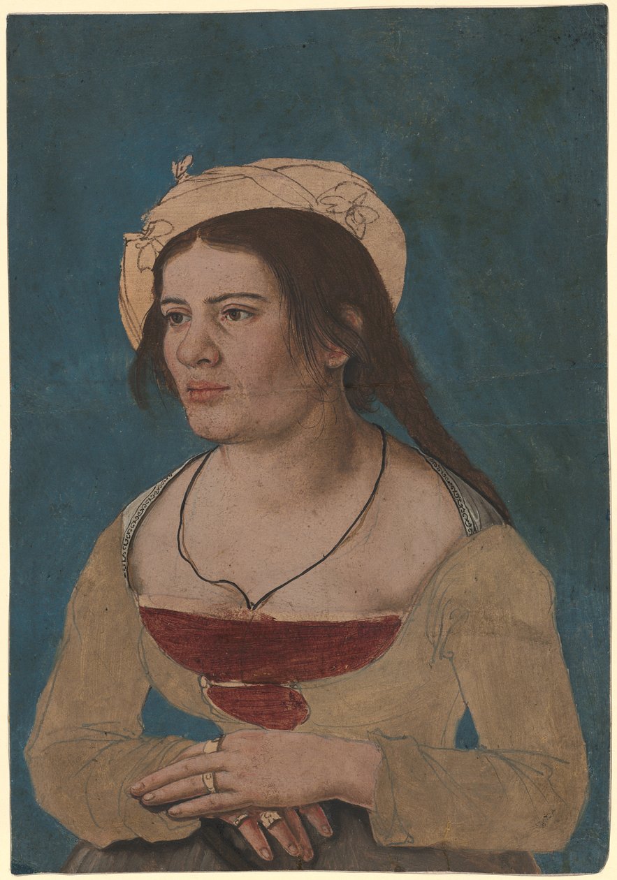 Hans Holbein nuorempi (noin) - Muotokuva nuoresta naisesta, jolla on punainen liivi, Inv. 1823.143 tekijältä Hans Holbein the Younger