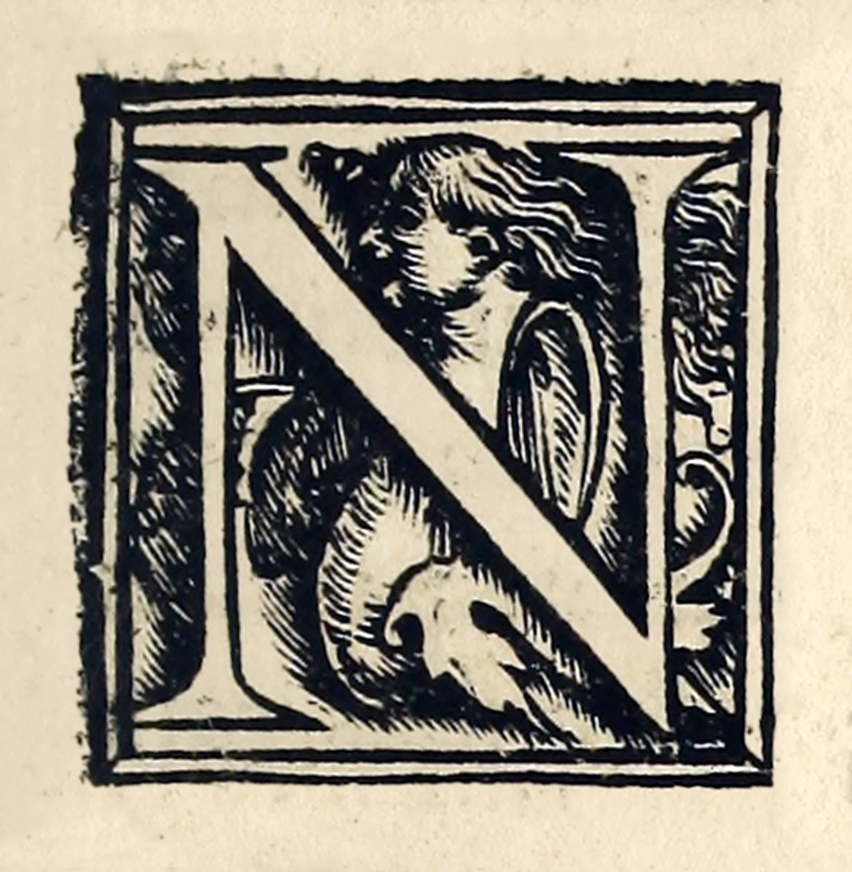 Valaistu "N" Sir Thomas Moren (1478-1535) 1518 Baselin kolmannesta painoksesta "Utopia", joka julkaistiin ensimmäisen kerran vuonna 1516. Hans Holbein nuoremman (n. 1497-1543) puupiirros tekijältä Hans Holbein der Jüngere