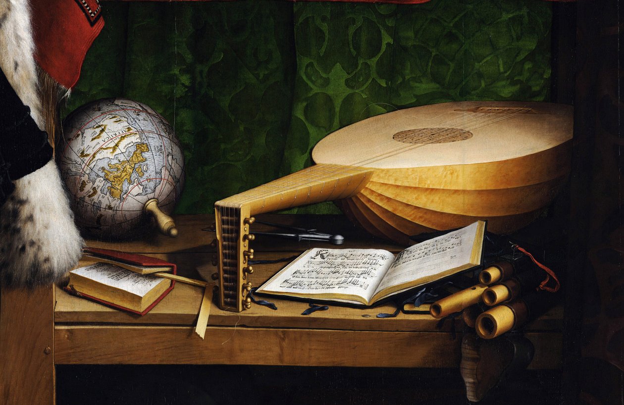 Suurlähettiläät (Jean de Dinteville (1504-1555 tai 1557) ja Georges de Selve (1506-1541). Suurlähettiläät (Jean de Dinteville ja Georges de Selve). Yksityiskohta alemman hyllyn instrumenteista: maanpäällinen maapallo, kirja aritmeettinen, luuttu kanssa co tekijältä Hans Holbein der Jüngere