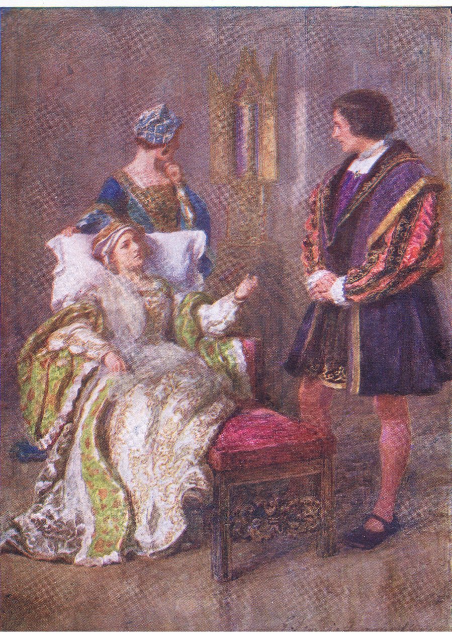 Mens pahat tavat elävät messingissä: hyveet kirjoitamme veteen (Kuningas Henrik VIII), teoksesta The Complete Works of Shakespeare, jonka on julkaissut George Harrap & Co Ltd, 1920-luvulla. tekijältä Hans Holbein der Jüngere