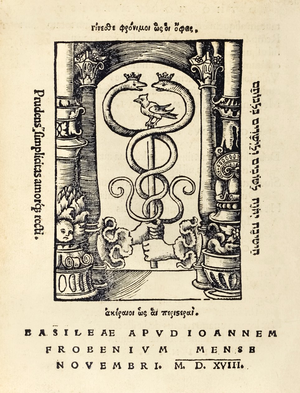 Johann Frobensin (n. 1460 -1527) painomerkki, jossa on kaksi kättä pitelemässä caduceusta Sir Thomas Moren (1478-1535) kolmannesta painoksesta Utopiasta, joka julkaistiin ensimmäisen kerran vuonna 1516. Hans Holbein nuoremman (n. 1527) puupiirros. 1497-154 tekijältä Hans Holbein der Jüngere