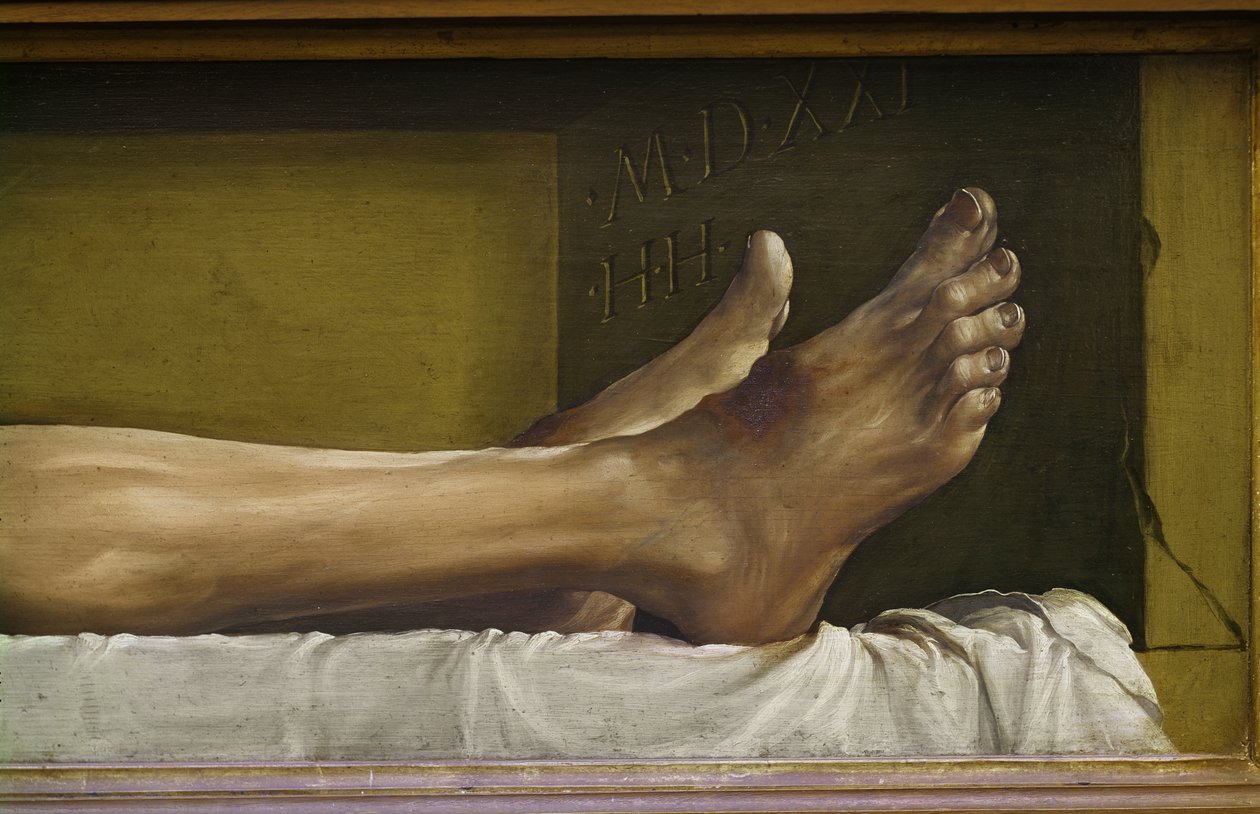 Kuolleen Kristuksen ruumis, yksityiskohta jaloista ja teoksen signeeraus ja päivämäärä, 1521 tempera kalkkipuulla tekijältä Hans Holbein der Jüngere
