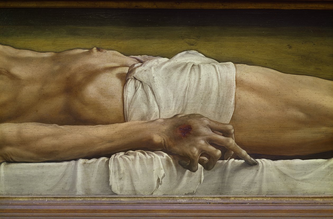 Kuolleen Kristuksen ruumis, käden yksityiskohta, 1521 tempera kalkkipuulla tekijältä Hans Holbein der Jüngere