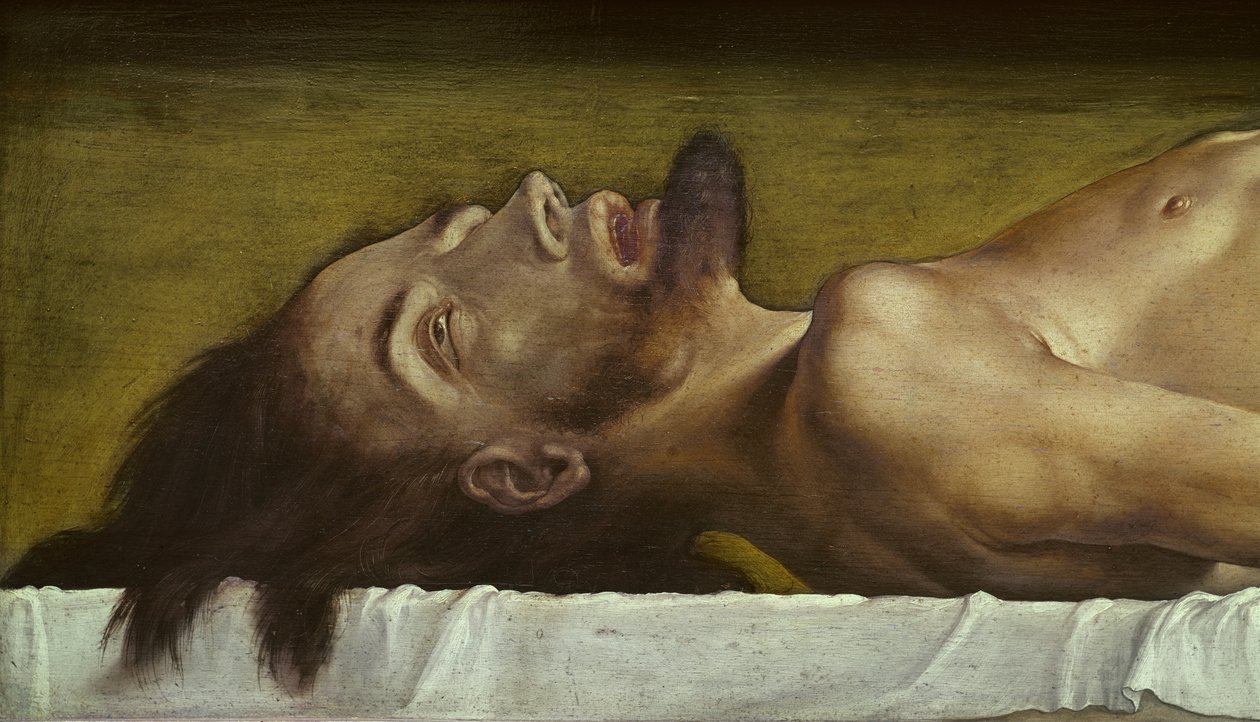 Kuolleen Kristuksen ruumis, pään yksityiskohta, 1521 tempera kalkkipuulla tekijältä Hans Holbein der Jüngere