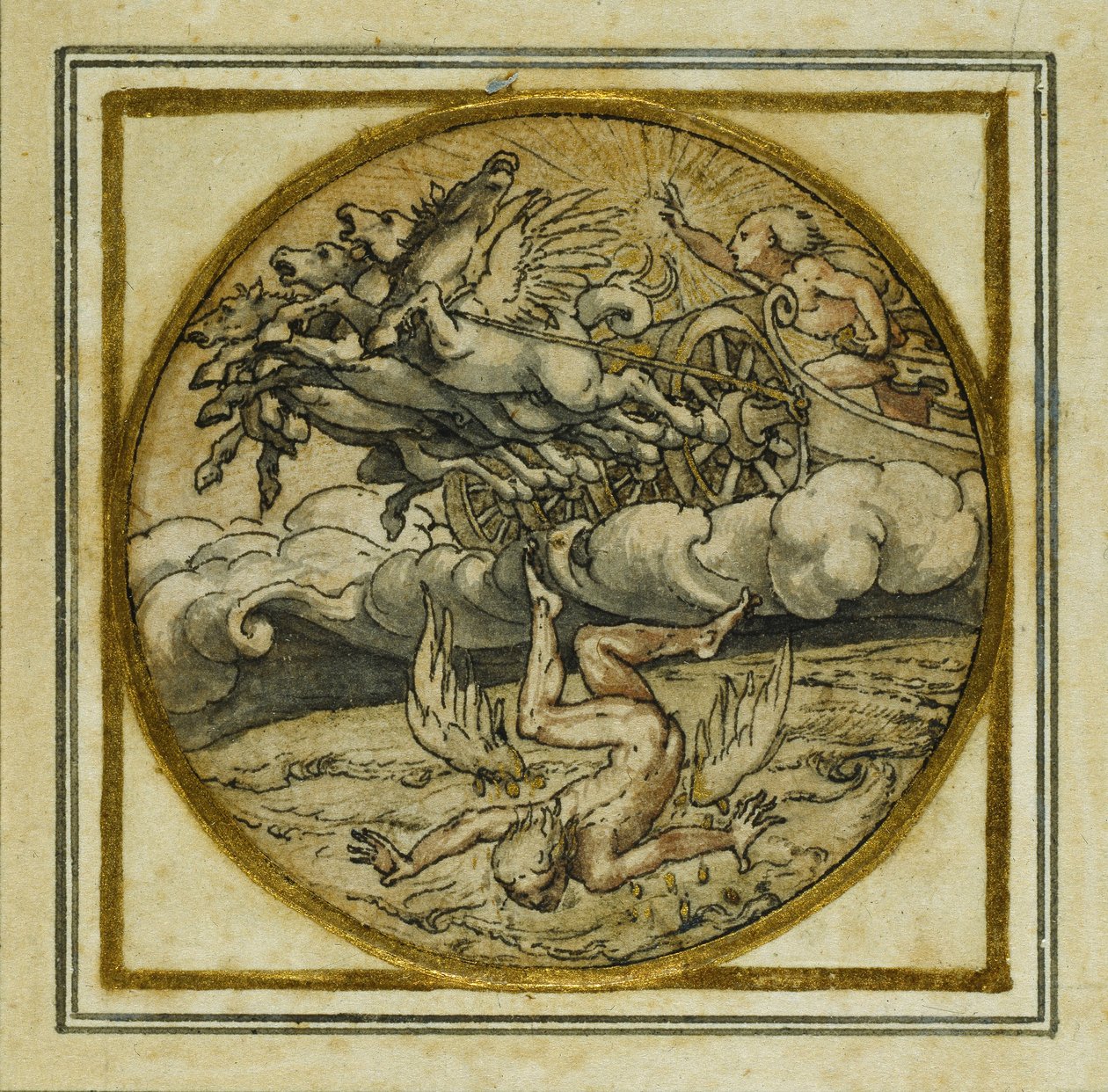 Ikaroksen putoaminen - Suunnitelma riipusta tai hattumerkkiä varten, noin 1532-43 (tussi ja tussi paperille) tekijältä Hans Holbein der Jüngere