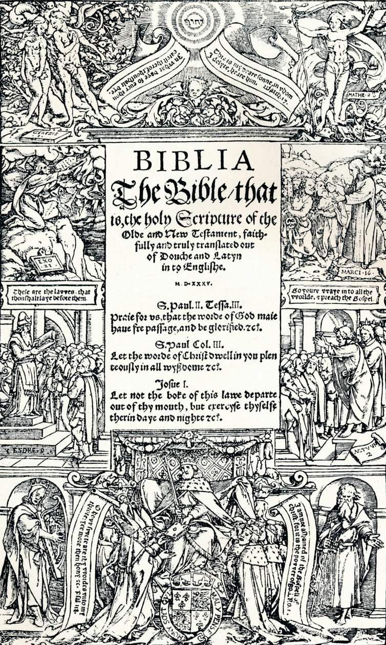 Coverdalesin englanninkielisen Raamatun otsikkosivu, 1535 tekijältä Hans Holbein der Jüngere