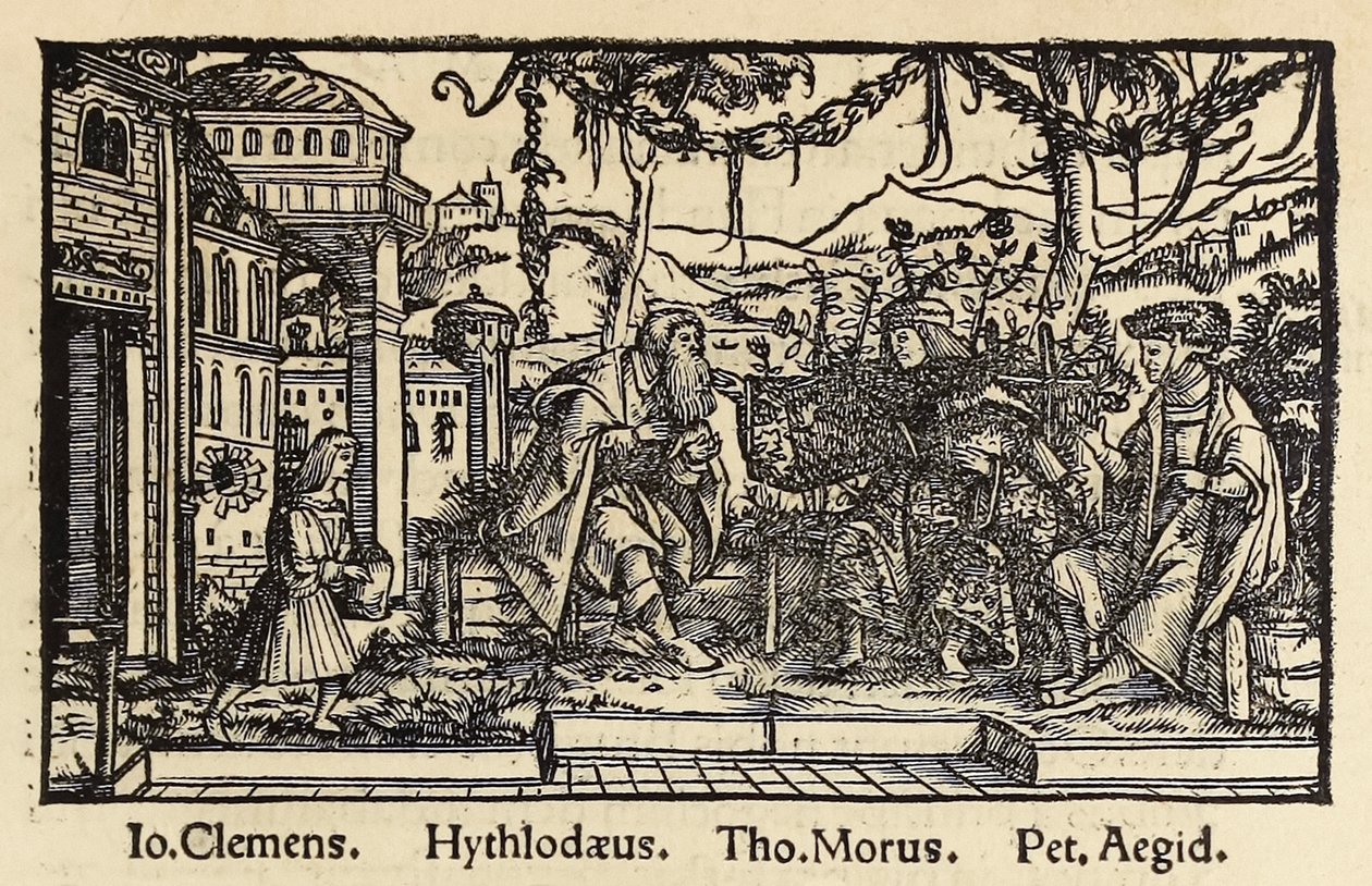 Sir Thomas Moren (1478-1535) Baselissa julkaistu puupiirros vuodelta 1518, kolmas painos Utopiasta, jossa kirjailija keskustelee päähenkilön Raphael Hythlodayn kanssa ihanteellisesta yhteiskunnasta, jonka hän löysi Utopian saarelta. Hans Holbein nuoremman  tekijältä Hans Holbein der Jüngere