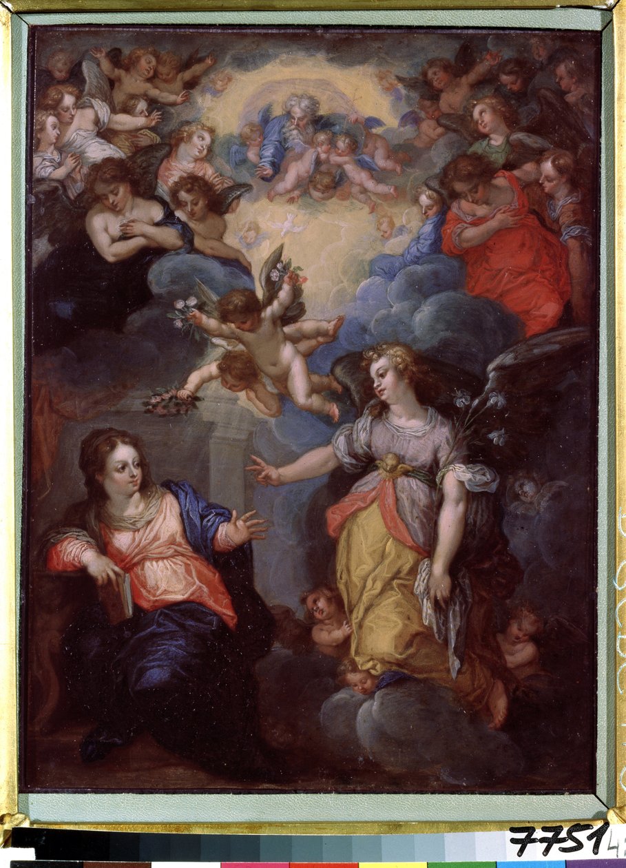 Ilmoitus. Hans Rottenhammer Groinin (1564-1625) maalaus. Öljy kuparille, 37 x 21 cm. Saksalainen taide, manierismi. Latvian tasavallan ulkomaantaiteen valtionmuseo, Riika (Latvia). tekijältä Hans I or Johann Rottenhammer