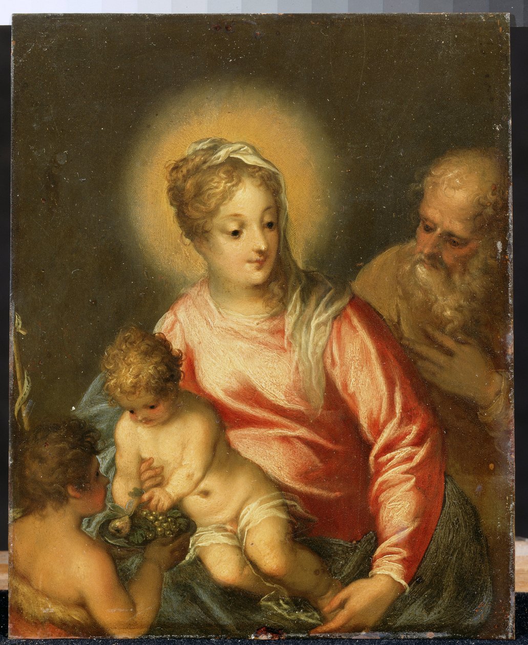 Pyhä perhe Pyhän Johannes Kastajan kanssa. Hans Rottenhammer Groinin (1564-1625) maalaus. Öljy kuparille, 27,5 x 35 cm, 1500-luvun loppu 1600-luvun alku. Saksalainen taide, barokkityyli. Pushkinin taidemuseo, Mos tekijältä Hans I or Johann Rottenhammer