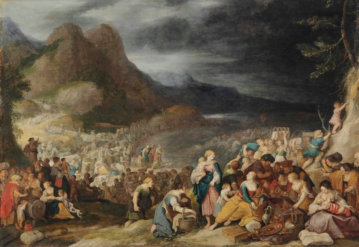 Punaisen meren läpikulku, faraon armeija hukkuu aaltoihin (2. Moos. 14:21-26). tekijältä Hans Jordaens III