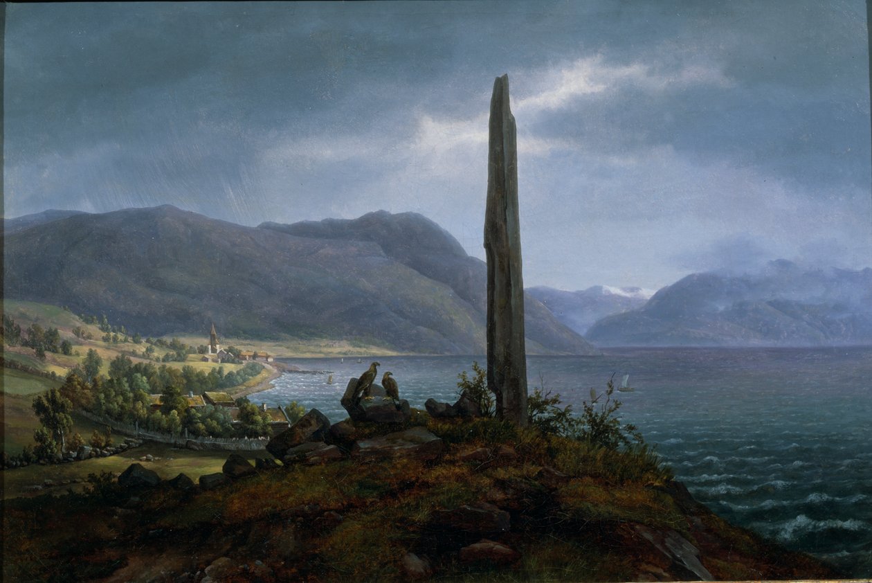 Frithjofin muistokivi Leikangerissa, Balestrand in Soon (öljy kankaalle) tekijältä Hans Leganger Reusch