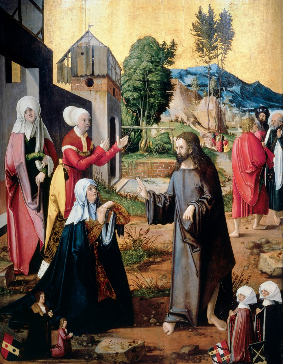 Kristus jättää jäähyväiset äidilleen neljän lahjoittajan kanssa. tekijältä Hans Leonard (attr. to) Schaufelein