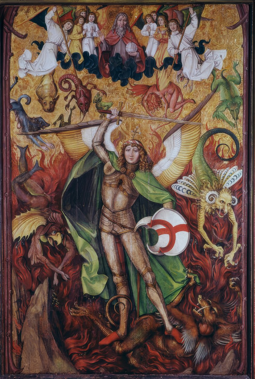 Helvetin kaatuminen: Arkkienkeli Mikael taistelee Luciferia vastaan (engl. Archangel Michael fighting Lucifer) tekijältä Hans Leu
