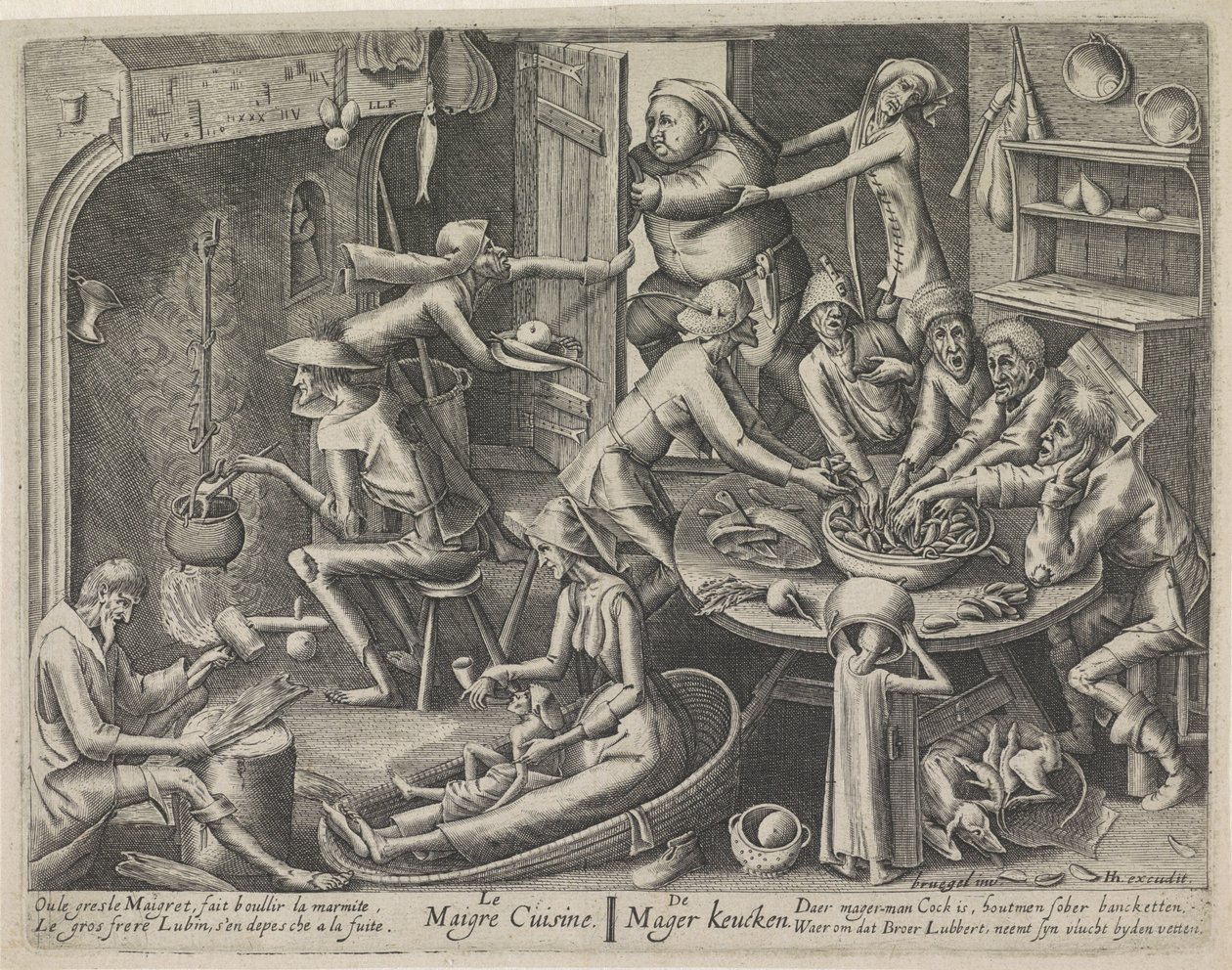 laiha keittiö Le Maigre Cuisine / The Skinny Keucken (otsikko esineessä) Laiha keittiö ja rasvainen keittiö (sarjan nimi) tekijältä Hans Liefrinck (I) (possibly)