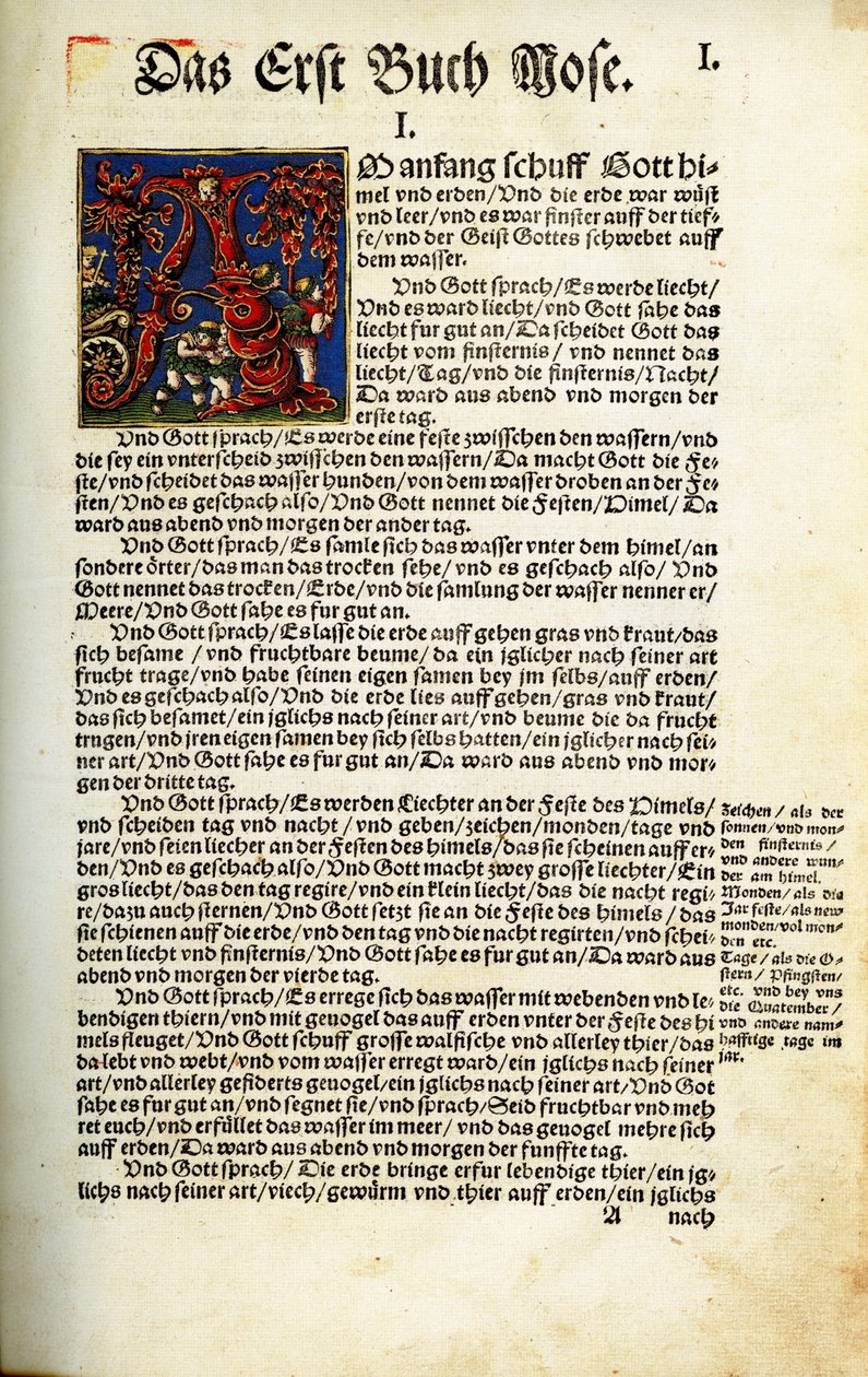 Ensimmäisen Mooseksen kirjan aloitussivu Martin Luthersin raamatunkäännöksessä 1534 tekijältä Hans Luft