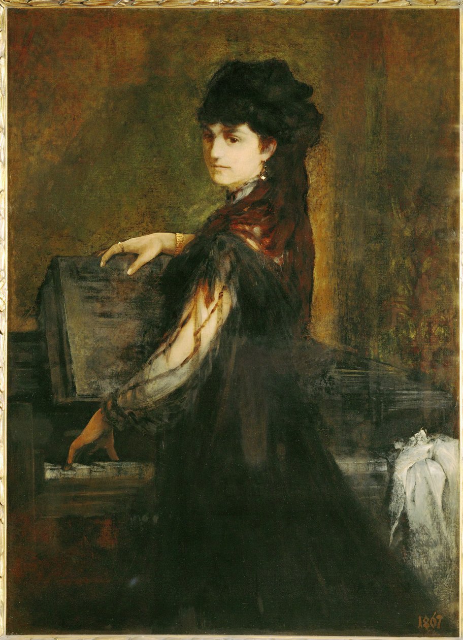 Amalie Makart, o.s. Rothmayr, taiteilijan ensimmäinen vaimo, pianon ääressä ... (maalaus kankaalle). tekijältä Hans Makart