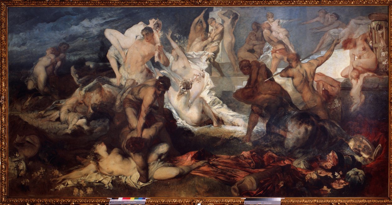 Kentaurien ja lapihien tai lapilaisten taistelu (kentaurien ja lapihien taistelu). Kreikkalaisessa mytologiassa lapithit murhasivat kentaurit. Hans Makartin (1840-1884) maalaus. Öljy kankaalle. Itävaltalainen art nouveau -kausi. Valtion museo F tekijältä Hans Makart