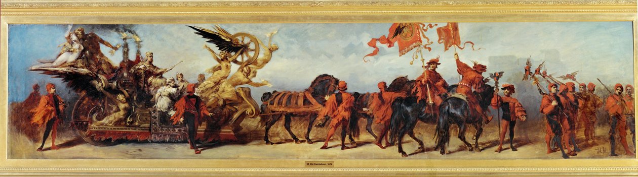 Die Eisenbahnen - Rautatiet, luonnos juhlavuoden prossessiota varten 1879 ... (maalaus kankaalle) tekijältä Hans Makart