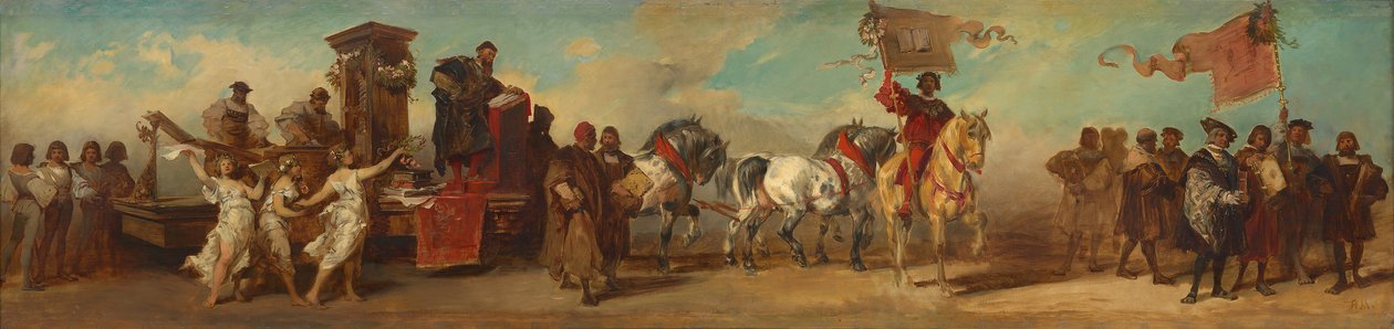Luonnos vuoden 1879 juhlakulkueeseen - Kirjanpainajat sekä kirja- ja taidekauppiaat tekijältä Hans Makart