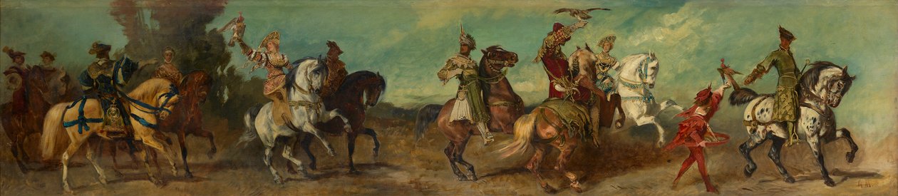 Luonnos vuoden 1879 juhlakulkueeseen - Haukanmetsästys tekijältä Hans Makart