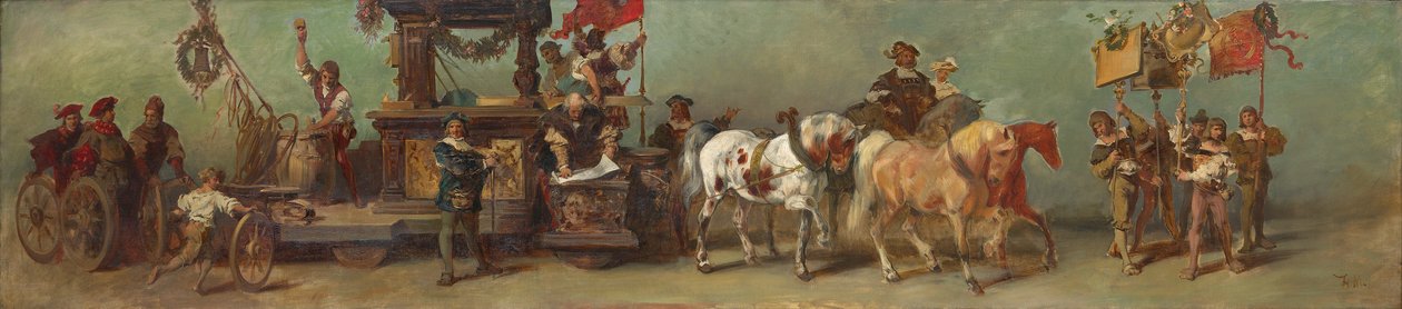 Luonnos vuoden 1879 juhlakulkueeseen - puusepät, sorvarit ja tynnyrintekijät tekijältä Hans Makart