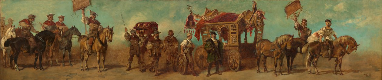 Luonnos vuoden 1879 juhlakulkueeseen - vaununrakentajat, satulasepät, hihnantekijät ja laukuntekijät tekijältä Hans Makart