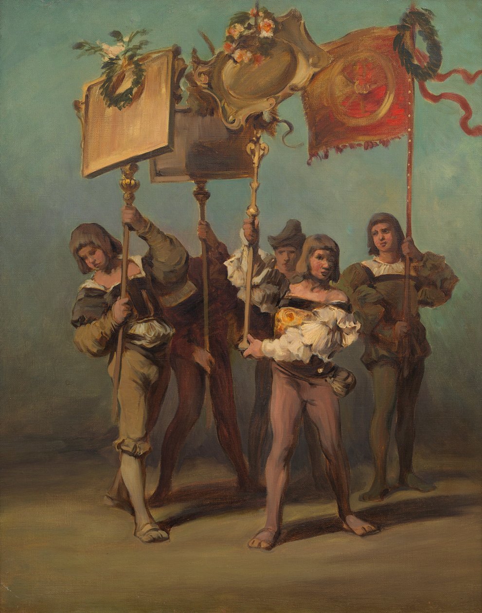 Luonnos vuoden 1879 paraatista – puuseppien lipunkantajat tekijältä Hans Makart