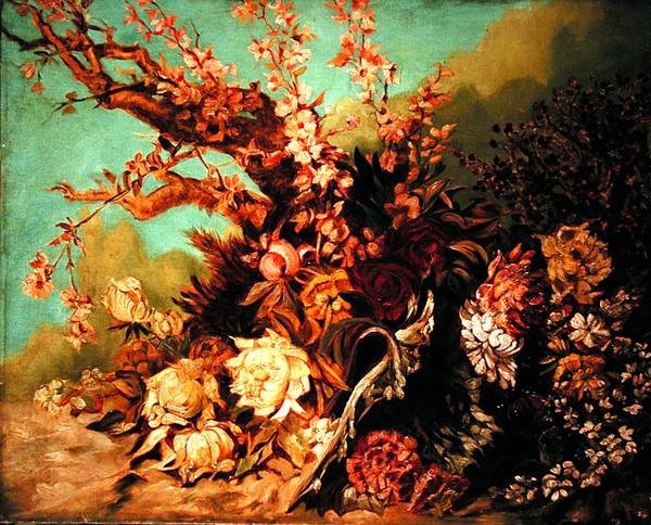 Kukka-asetelma kukkaoksilla ja pioneilla, n. 1884 (öljy kankaalle) tekijältä Hans Makart
