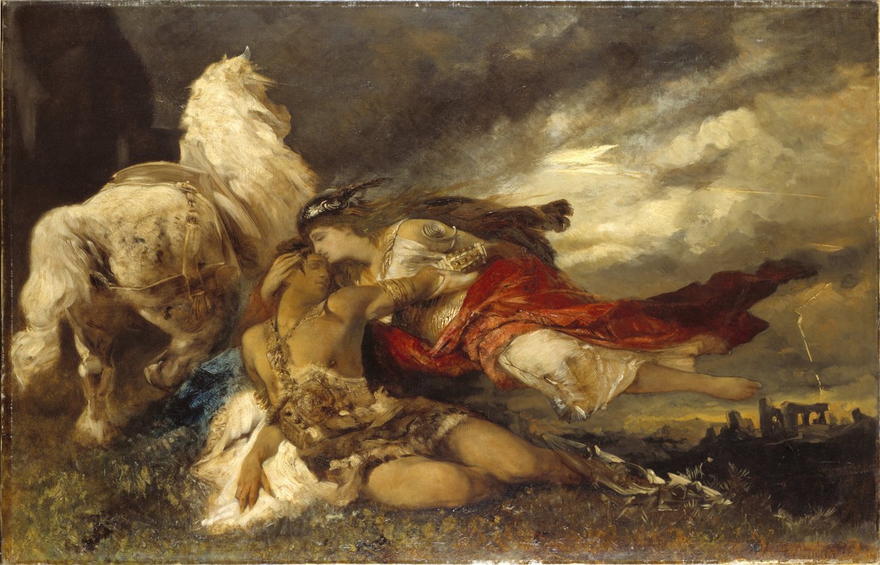 Valkyrie et un heros mourant - Valkyrie and a Dying Hero, kirjoittanut Makart, Hans (1840-1884). Öljy kankaalle. Mitat: 130x200 cm. Tukholman kansallismuseo tekijältä Hans Makart