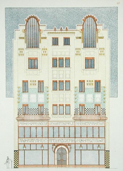 Suunnitelma viisikerroksiseen rakennukseen, 1900-luvun alku, "Documents Architecture Moderne" (väri litho) tekijältä Hans Mayr